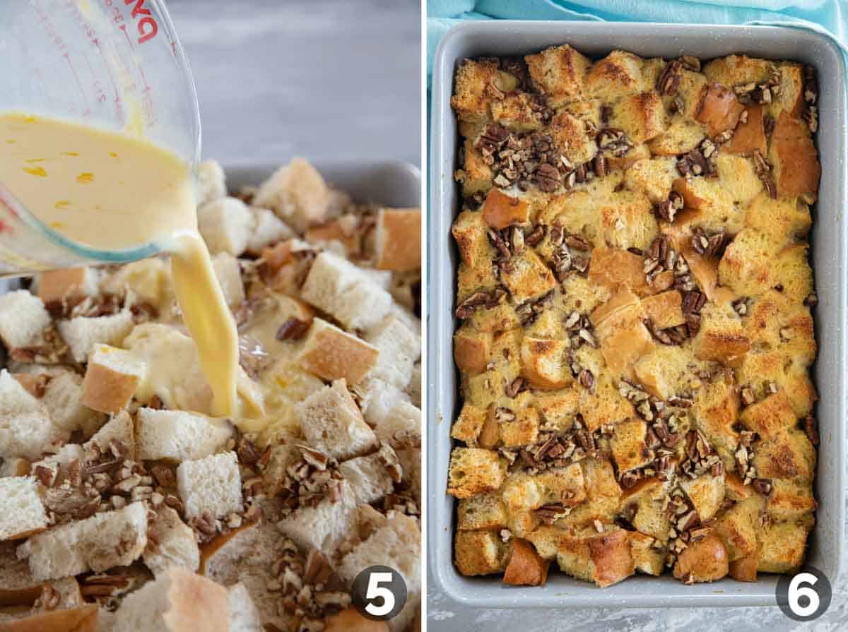 Pouring custard on bread cubes and pecans, and the finished casserole after it has been baked.