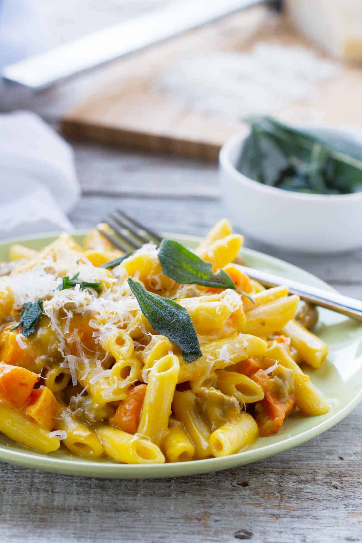 Serving of Penne with Butternut Squash and Sausage on a plate.