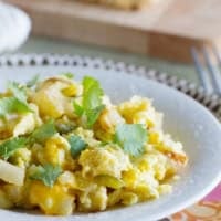 Plate with Poblano Chile Scramble - an egg and potato dish with chile peppers.