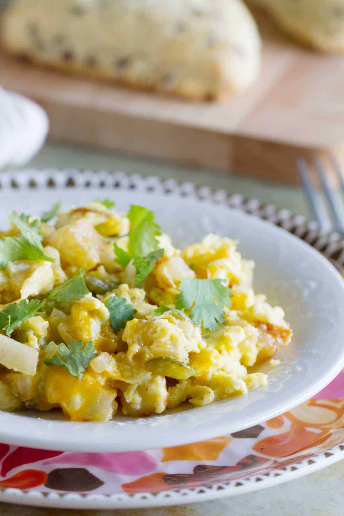 Plate with Poblano Chile Scramble - an egg and potato dish with chile peppers.