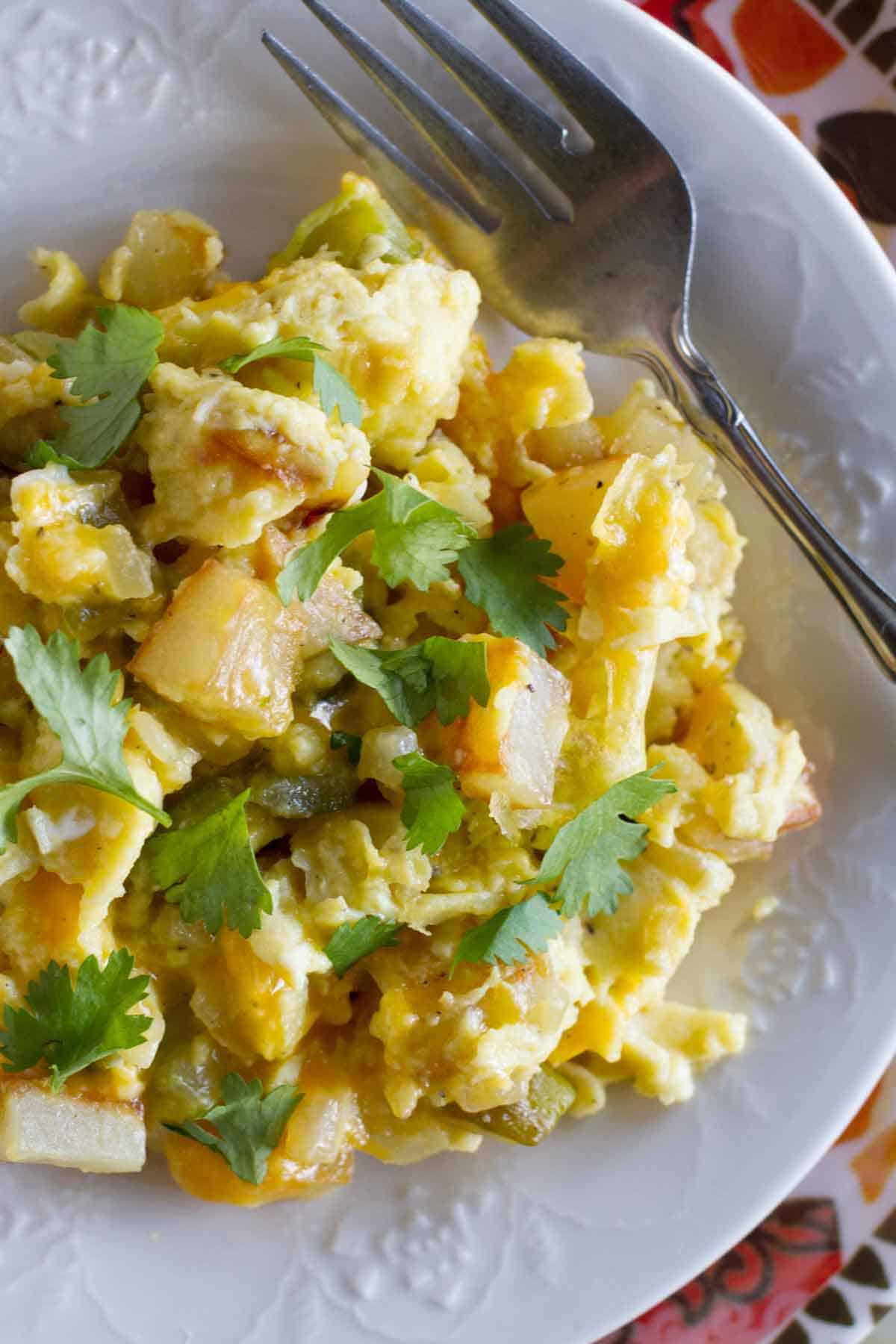 Poblano Chile Scramble with eggs, potatoes, and poblano chiles.