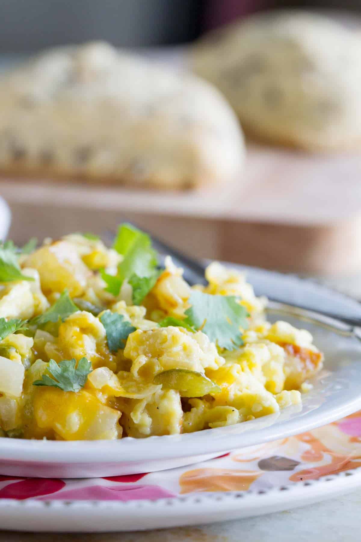 Poblano Chile Scramble topped with cilantro leaves.