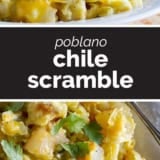 Poblano Chile Scramble collage with text bar in the middle.