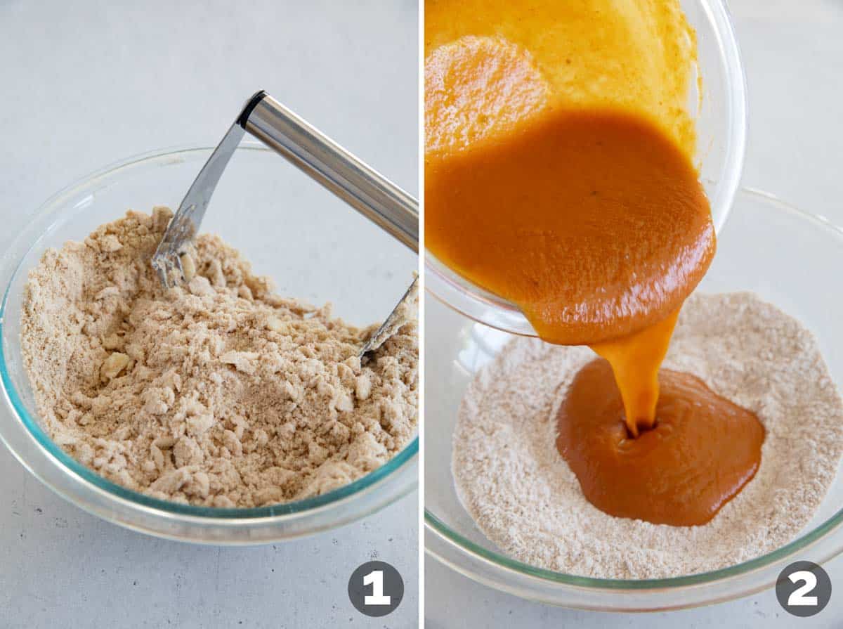 Making streusel topping for pumpkin coffee cake and mixing ingredients for batter.