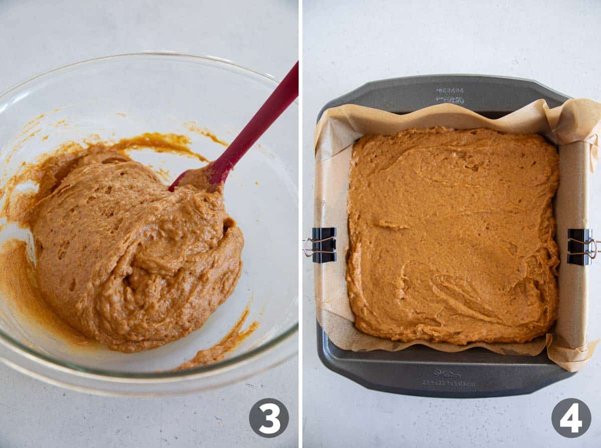 Mixing batter for pumpkin coffee cake and adding it to a prepared baking pan.