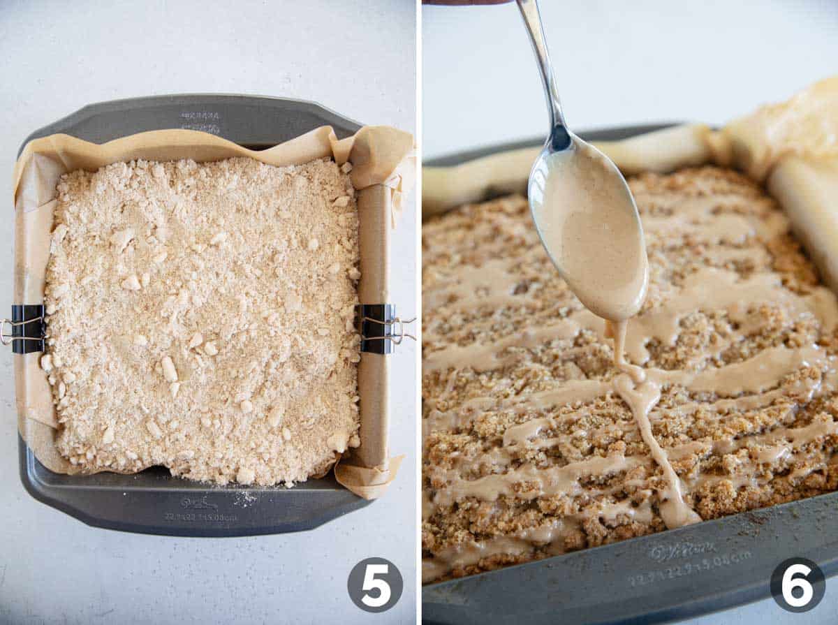 Adding crumb topping and glaze to pumpkin coffee cake.