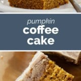 Pumpkin Coffee Cake collage with text bar in the middle.