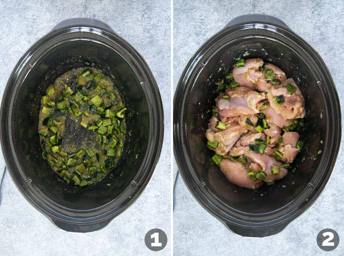 Adding ingredients to slow cooker for Slow Cooker Chicken Tacos.