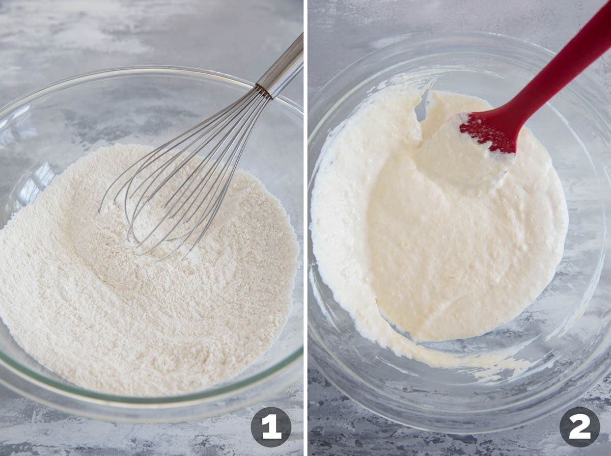 Mixing dry ingredients and mixing wet ingredients for sour cream muffins.