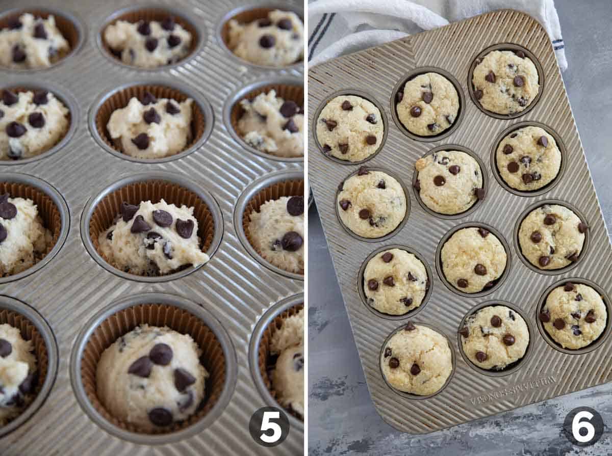 Filling muffin tin with batter and baking muffins.