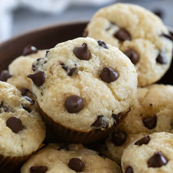 Bowl filled with Sour Cream Muffins with Chocolate Chips.