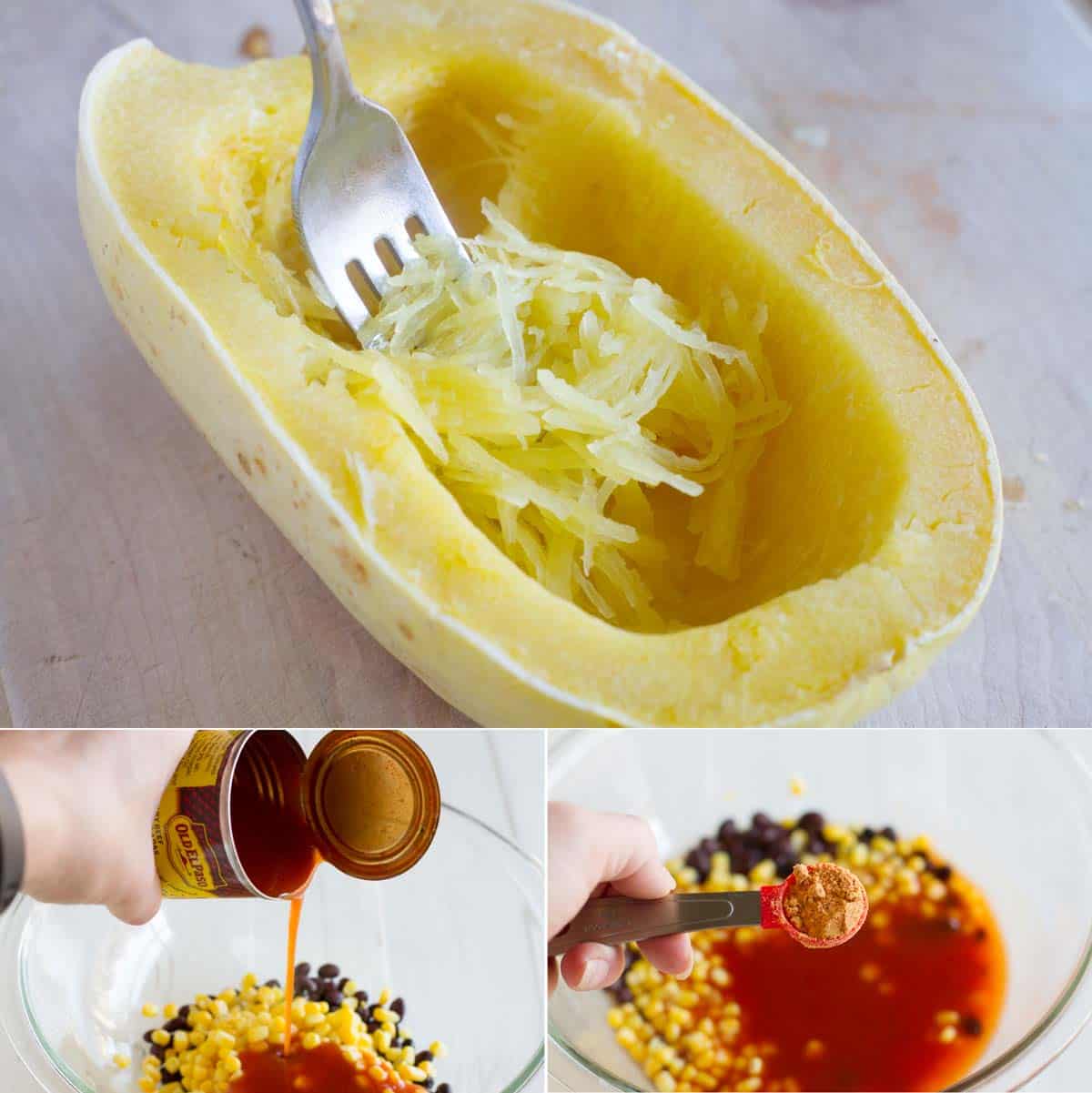 Steps to make Southwestern Stuffed Spaghetti Squash.