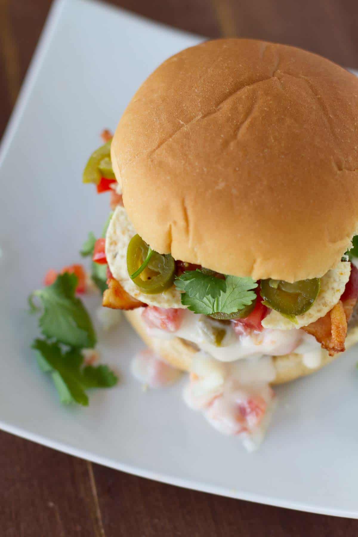 Top view of a Tex-Mex Bacon Cheeseburger with queso sauce.