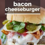 Tex-Mex Bacon Cheeseburger with text overlay.