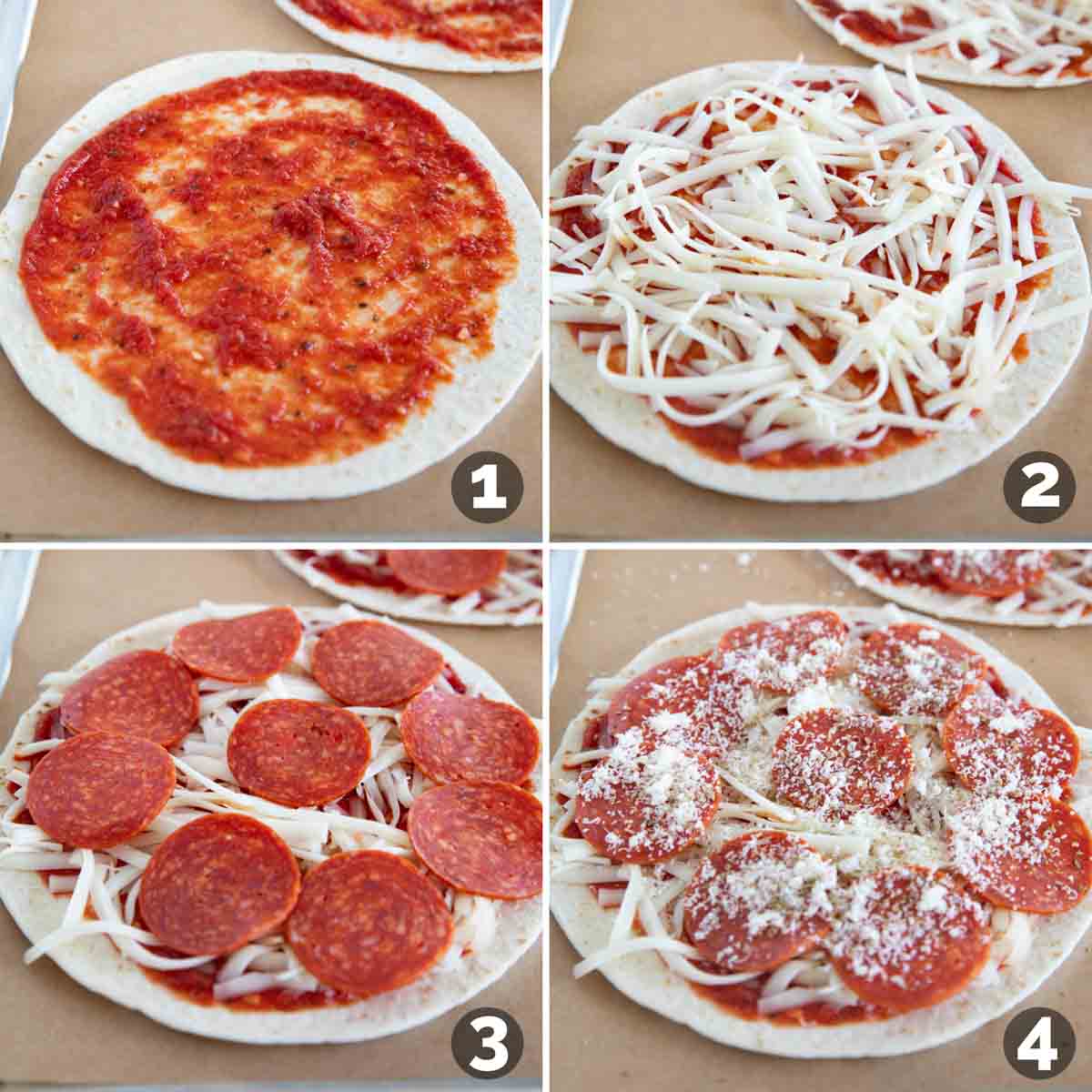 Steps to make a tortilla pizza.