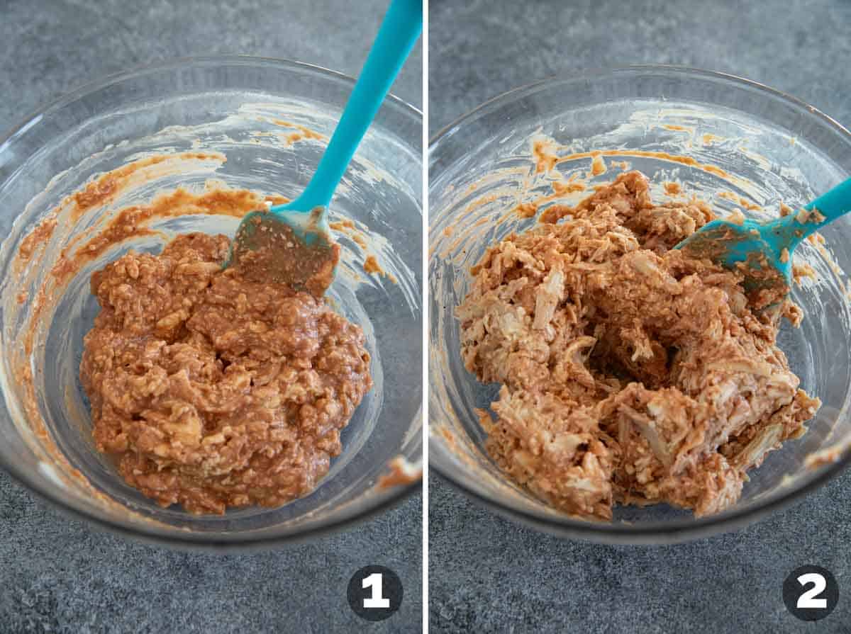 Mixing ingredients for BBQ Chicken Dip then adding in shredded chicken.