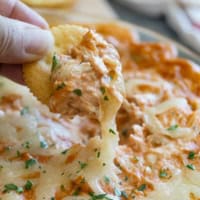 BBQ Chicken Dip on a round cracker with cheese coming off of it.