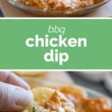 BBQ Chicken Dip collage with text bar in the middle.