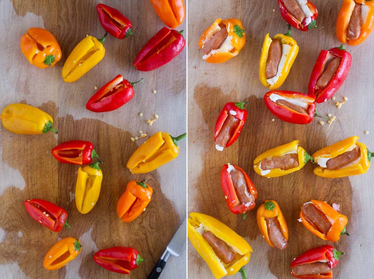 Cutting peppers and stuffing with sausages and cream cheeses.