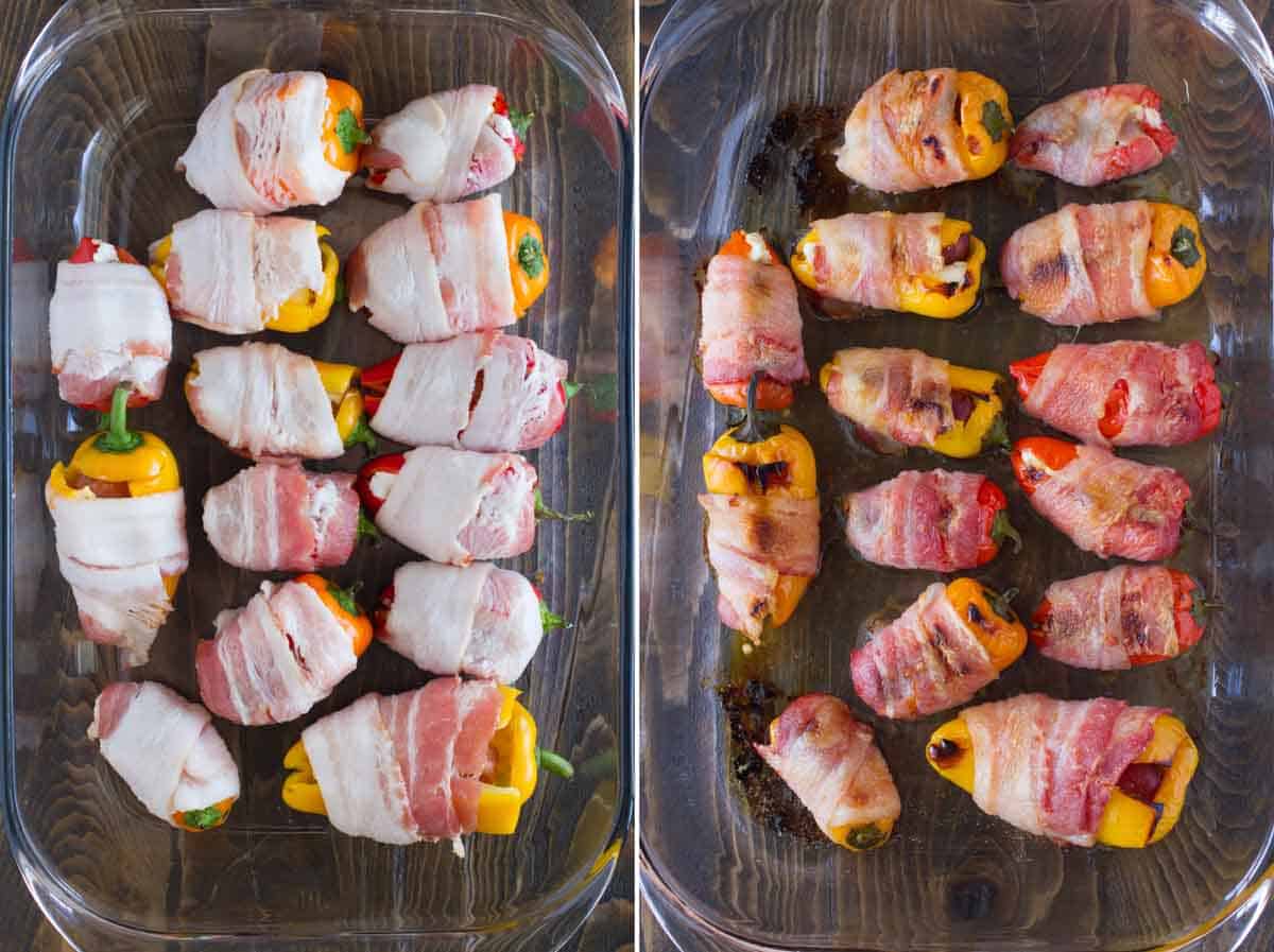 Bacon Wrapped Sausage Stuffed Peppers in a baking dish before baking and after baking.