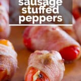 Bacon Wrapped Sausage Stuffed Peppers with text overlay.