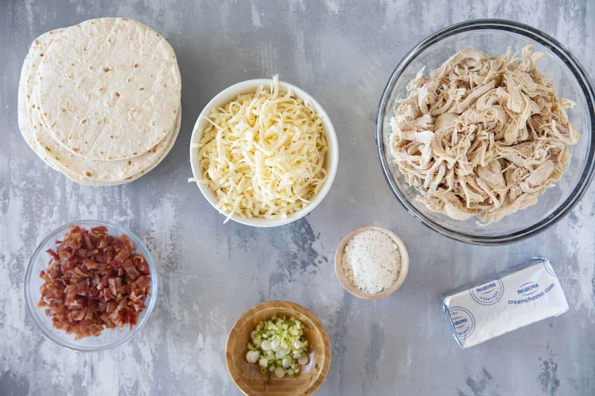 Ingredients for Baked Chicken Bacon Ranch Taquitos.