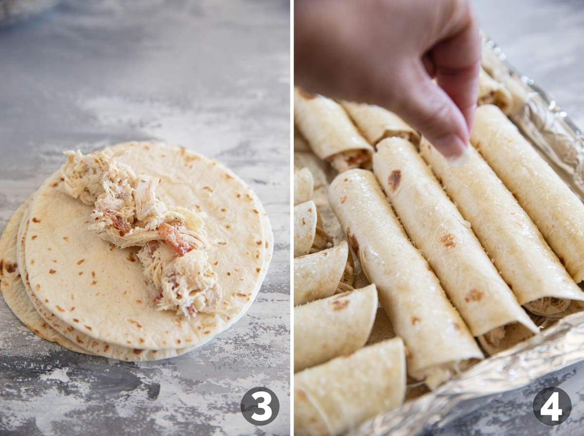 Placing filling in tortillas, rolling up, and adding salt.