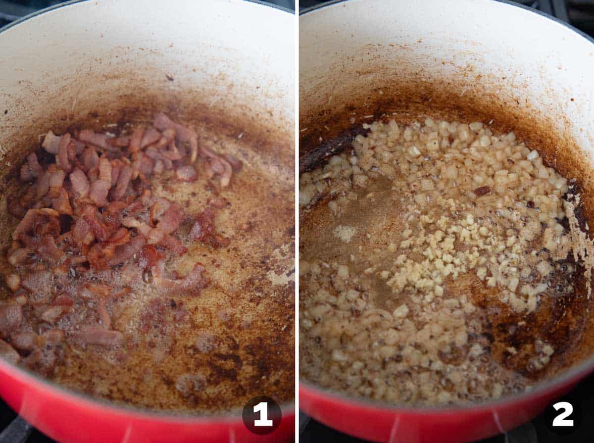 Cooking bacon, onion, and garlic for baked potato soup.