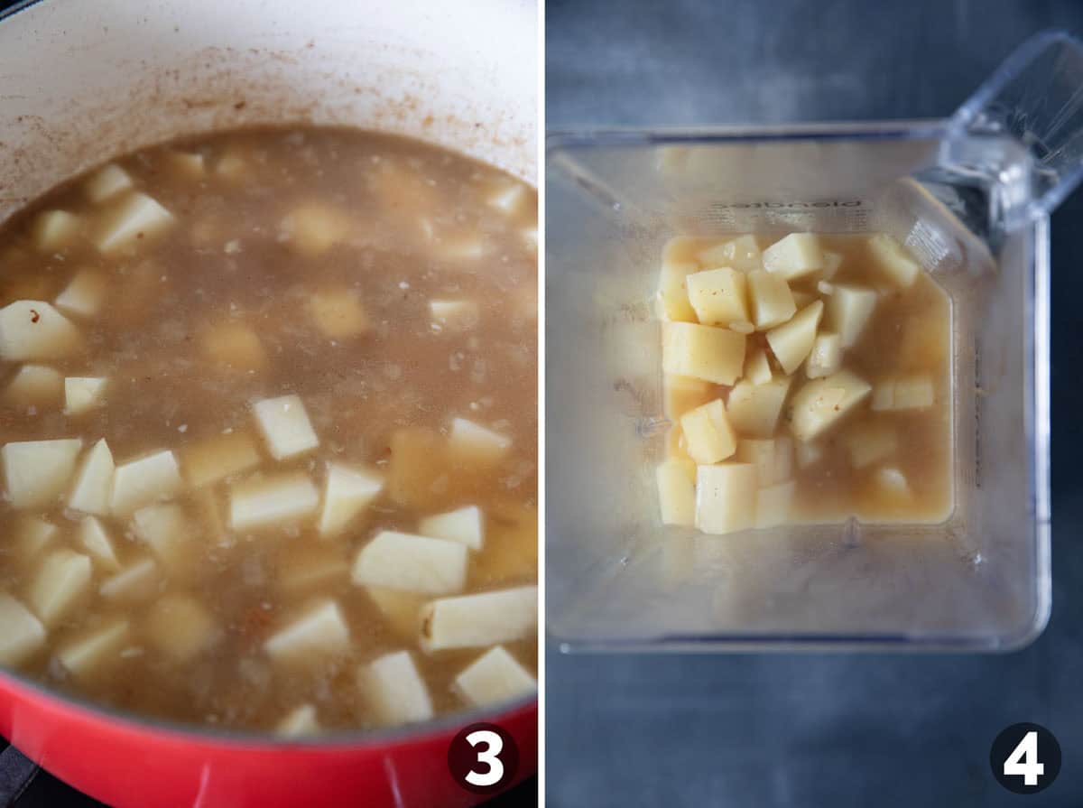 Cooking potatoes in broth and then adding some to a blender.