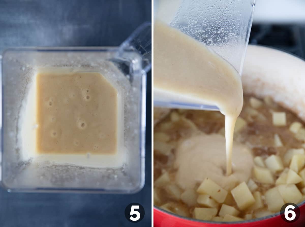 Adding blended potato soup to a pot of baked potato soup.