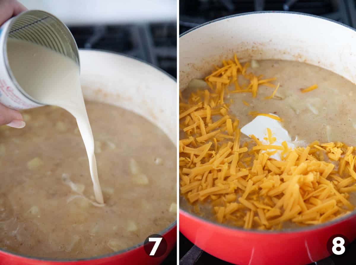 Adding evaporated milk, cheese, and sour cream to baked potato soup.