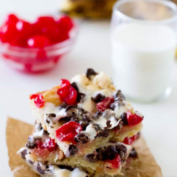 Banana Split Bars stacked on top of each other.