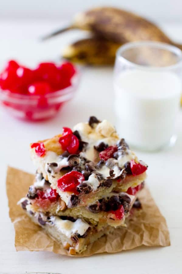 Banana Split Bars stacked on top of each other.