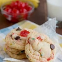 Banana Split Cake Mix Cookies stacked on top of each other.