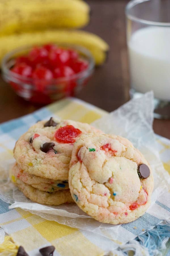 Banana Split Cake Mix Cookies stacked on top of each other.