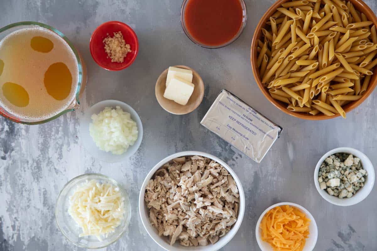 Ingredients for Buffalo Chicken Pasta.