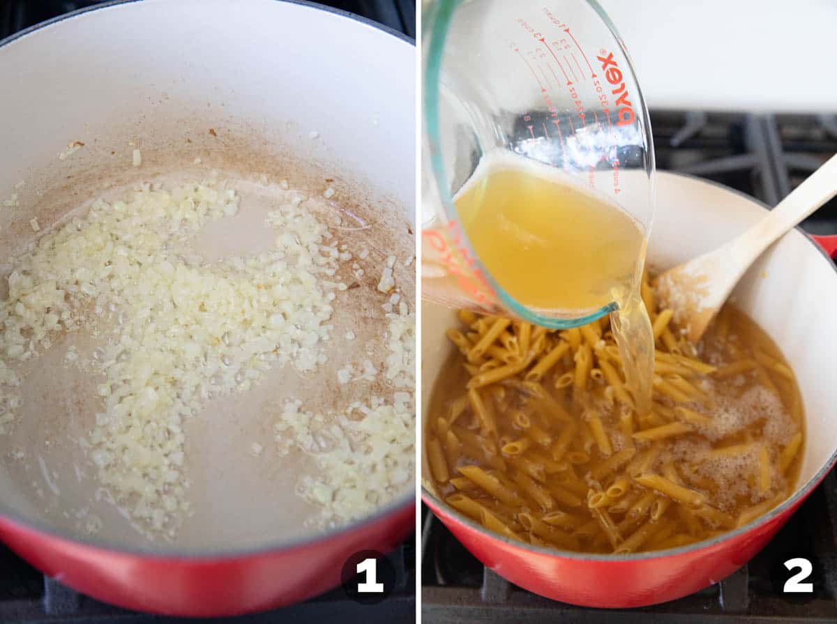 Cooking onion and garlic, and adding pasta and chicken broth.