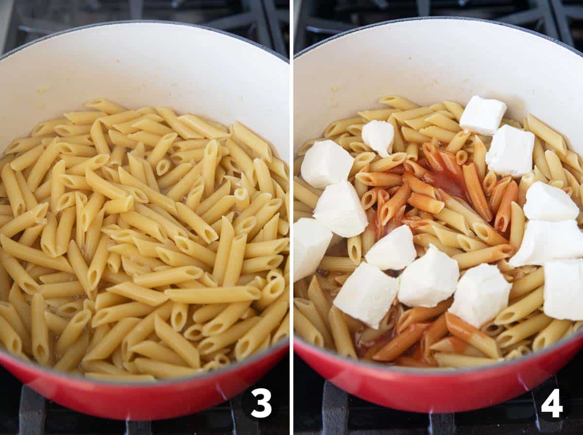 Cooking noodles and adding buffalo sauce and cream cheese.