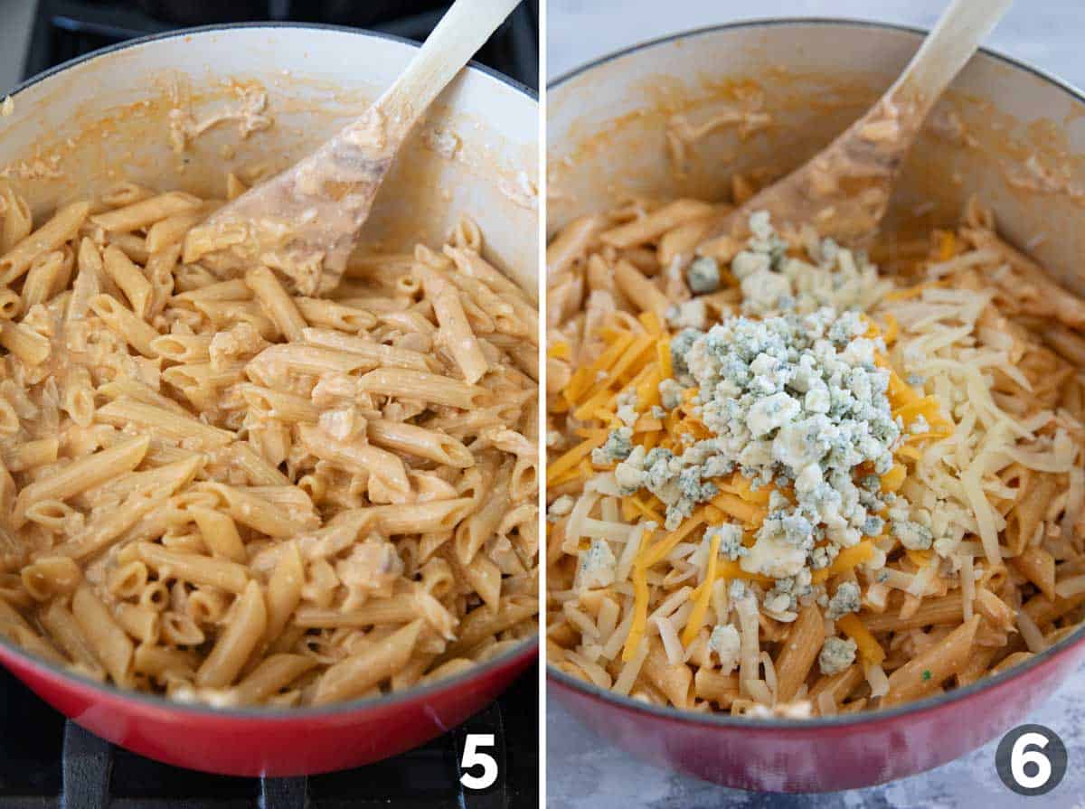 Stirring buffalo chicken pasta in a pot, then adding cheese.