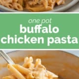 Buffalo Chicken Pasta collage with text bar in the middle.