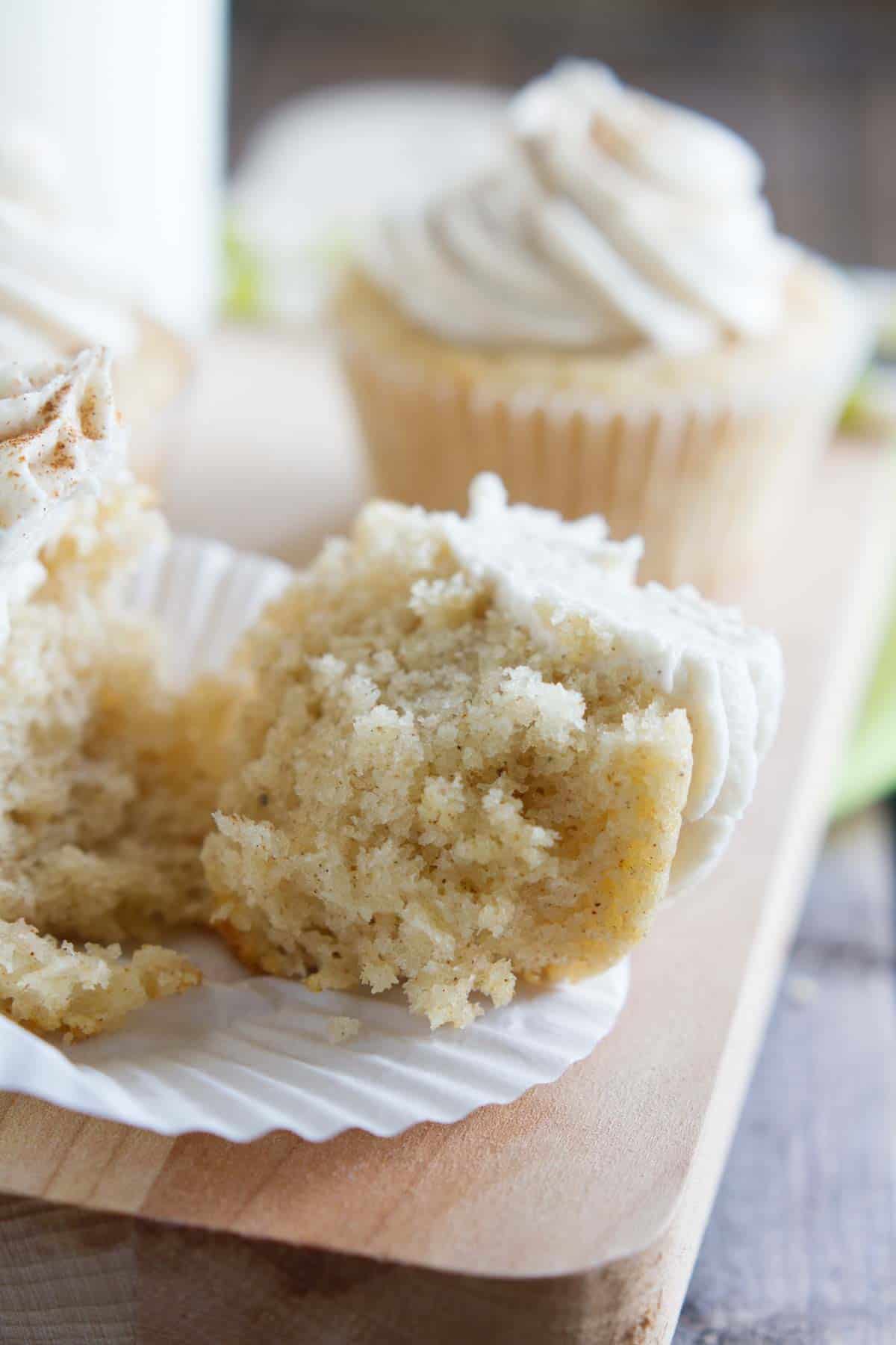 Chai Spiced Cupcakes with one torn in half to show texture.