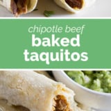 Chipotle Beef Baked Taquitos collage with text bar in the middle.