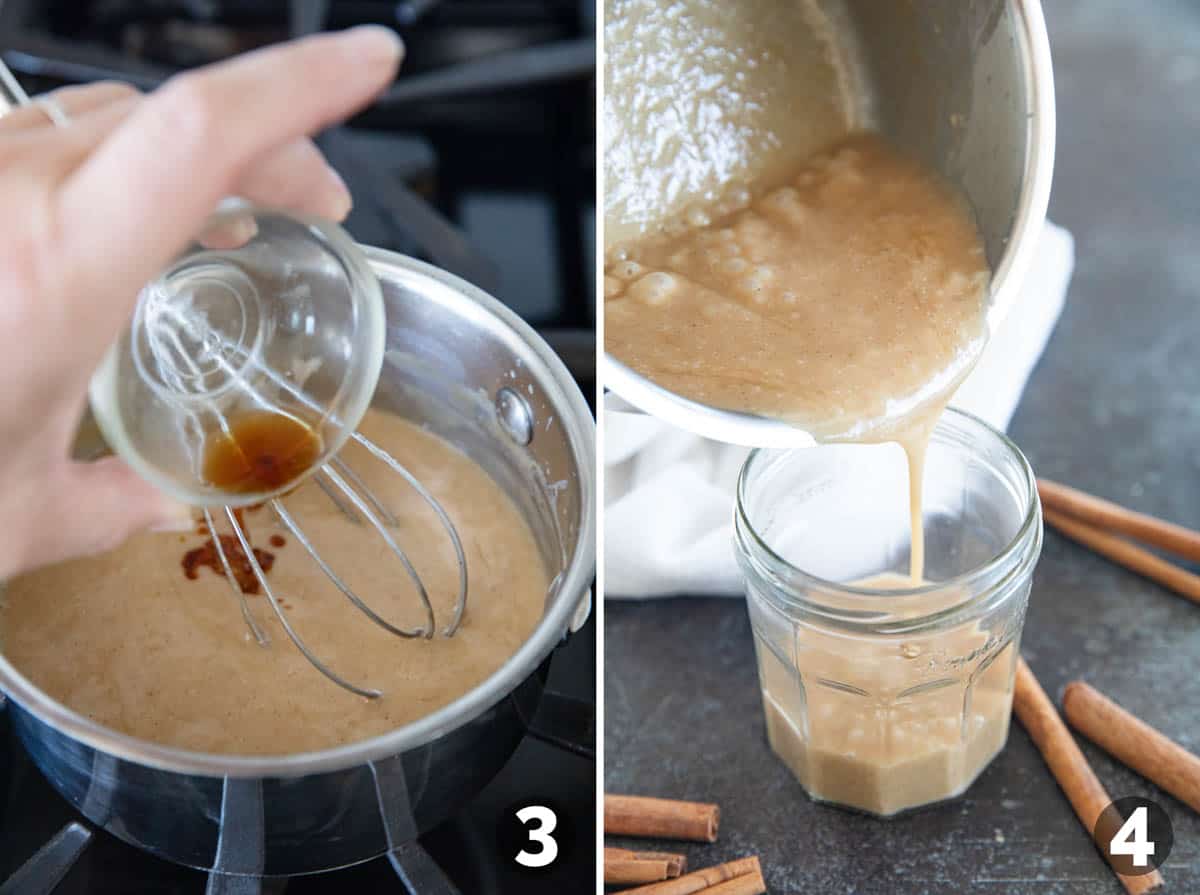 Adding vanilla to cinnamon syrup and pouring syrup into a jar.