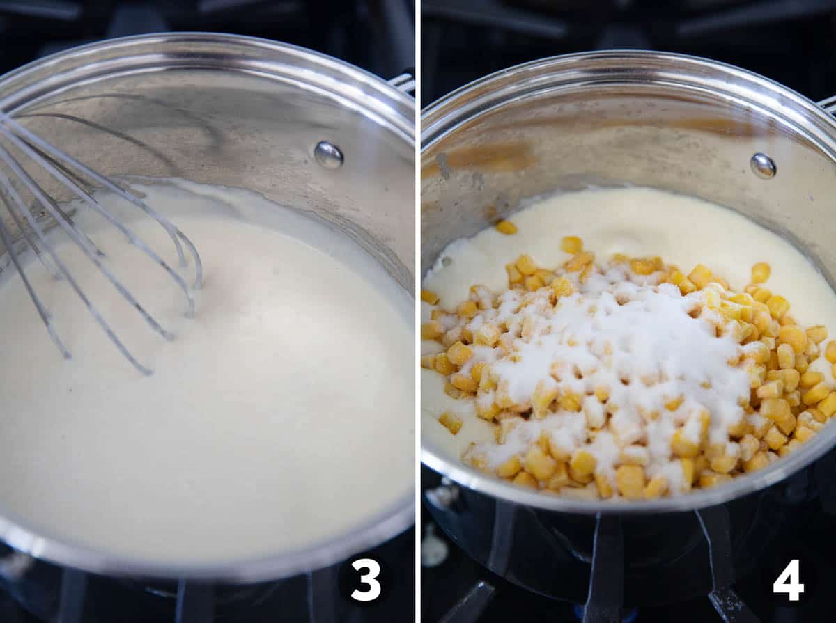 Thickening cream sauce and adding corn and sugar.