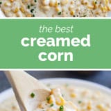 Creamed Corn collage with text bar in the middle.