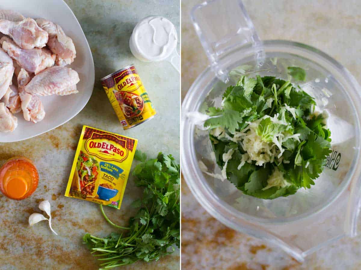 Ingredients for Enchilada Chicken Wings, and placing ingredients for dipping sauce into blender.