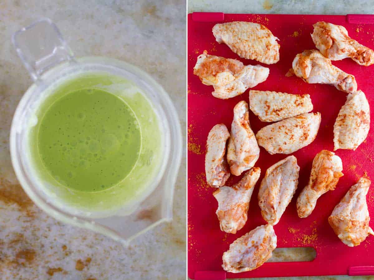 Blended dipping sauce, and adding seasonings to chicken wings.