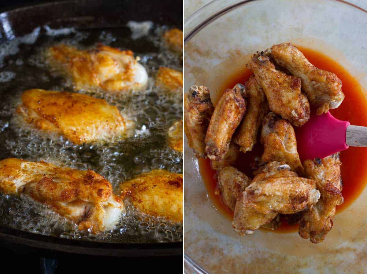 Frying chicken wings and stirring cooked wings into sauce.