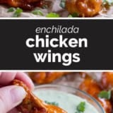 Enchilada Chicken Wing recipe collage with text bar in the middle.