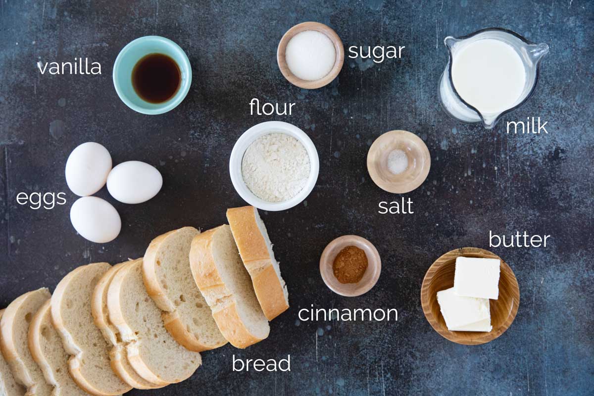 Ingredients needed to make French Toast.